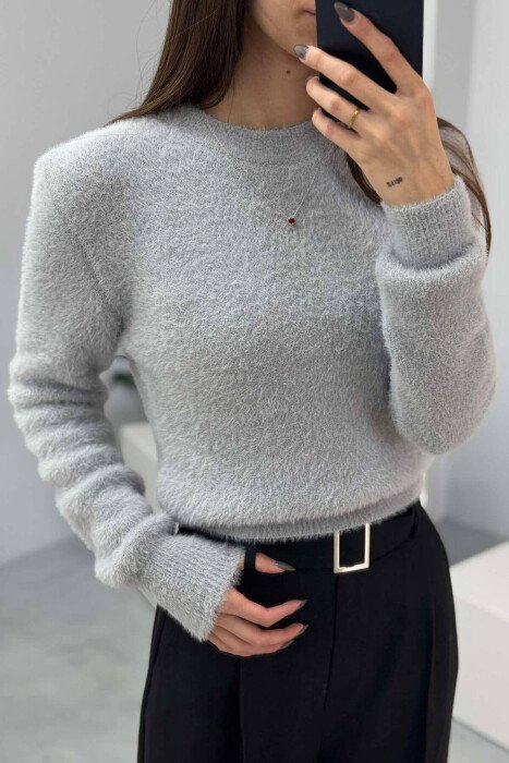 ONE COLOR ROUND NECK WOMEN SWEATER GREY/GRI - KLAUDIO FASHION