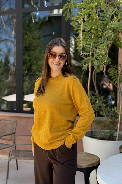 ONE COLOR ROUND NECK WOMEN SWEATER MUSTARD/MUSTARDE - 5