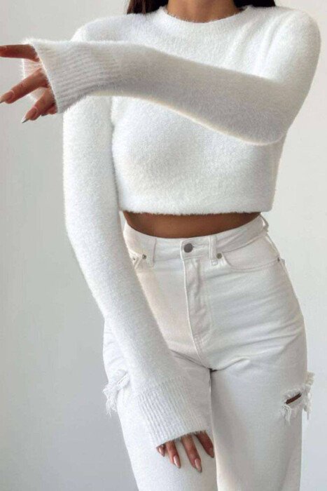 ONE COLOR ROUND NECK WOMEN SWEATER WHITE-E BARDHE - KLAUDIO FASHION