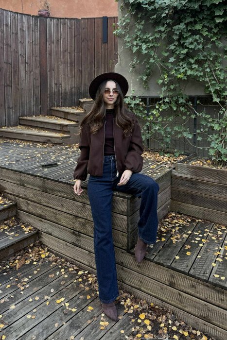 ONE COLOR ROUND NECK ZIPPER WOMEN JACKET BROWN/KAFE - 1