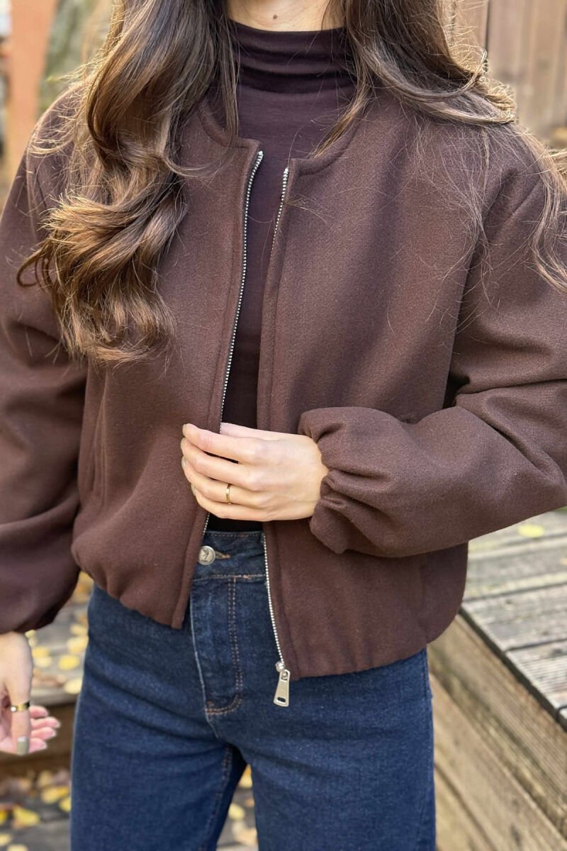 ONE COLOR ROUND NECK ZIPPER WOMEN JACKET BROWN/KAFE - 3