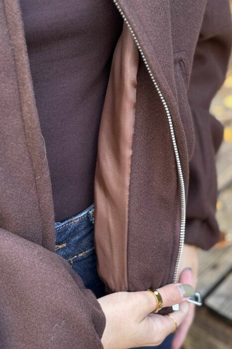 ONE COLOR ROUND NECK ZIPPER WOMEN JACKET BROWN/KAFE - 4