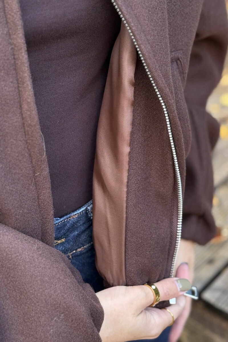 ONE COLOR ROUND NECK ZIPPER WOMEN JACKET BROWN/KAFE - 4