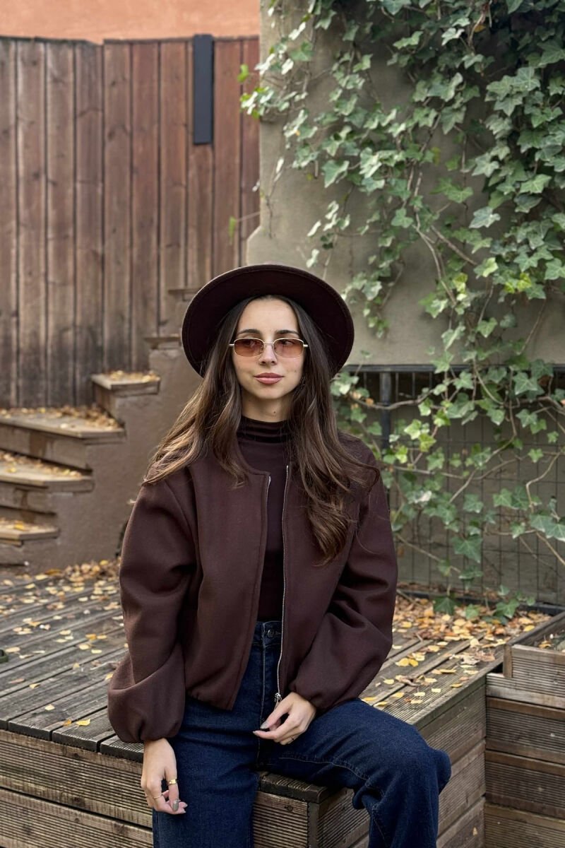 ONE COLOR ROUND NECK ZIPPER WOMEN JACKET BROWN/KAFE - 5