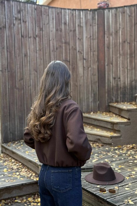 ONE COLOR ROUND NECK ZIPPER WOMEN JACKET BROWN/KAFE - 6