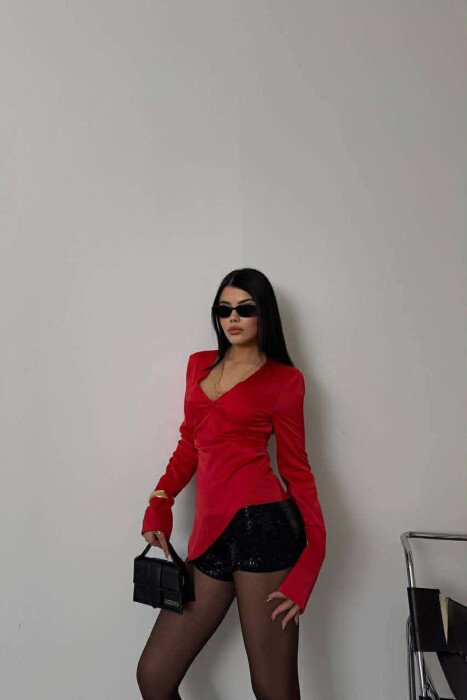 ONE COLOR SATIN WOMEN SHIRT RED/E KUQE - KLAUDIO FASHION