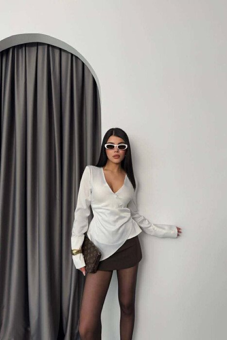ONE COLOR SATIN WOMEN SHIRT WHITE-E BARDHE - KLAUDIO FASHION