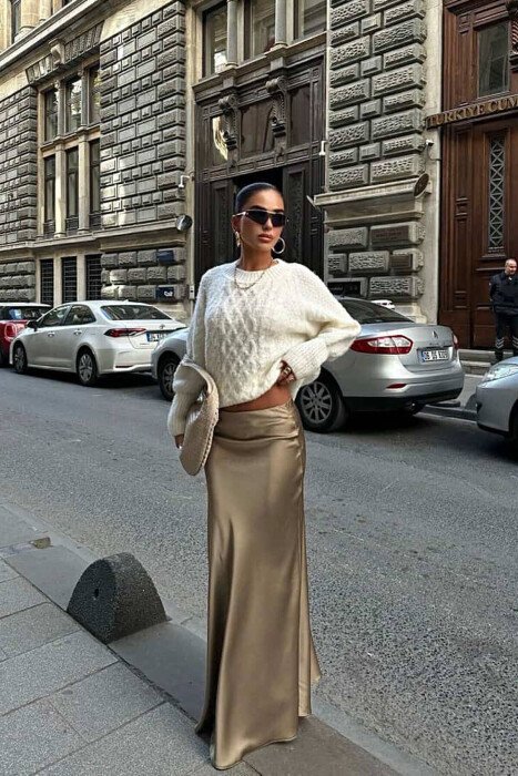 ONE COLOR SATIN LONG WOMEN SKIRT BEIGE/BEZHE - KLAUDIO FASHION