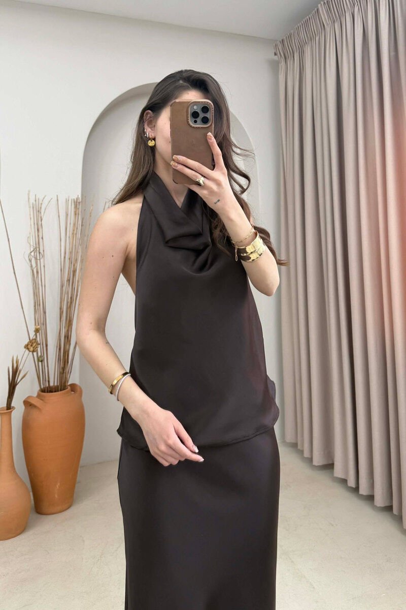 ONE COLOR SATIN TANK TOP + SKIRT WOMAN SET BROWN/KAFE - 3