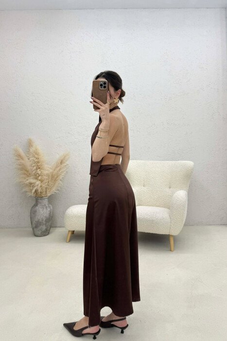 ONE COLOR SATIN TANK TOP + SKIRT WOMAN SET BROWN/KAFE - 4