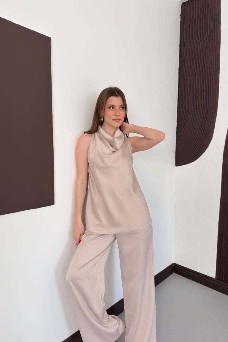 ONE COLOR SATIN TANK TOP + TROUSERS WOMAN SET BEIGE/BEZHE - 4