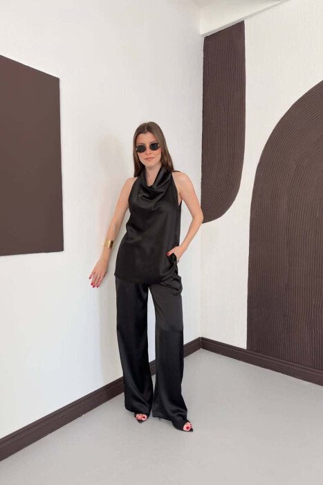 ONE COLOR SATIN TANK TOP + TROUSERS WOMAN SET BLACK/ E ZEZE - 1