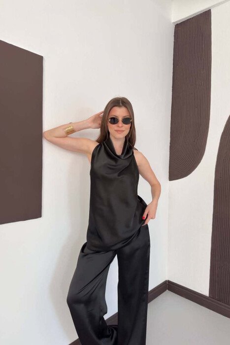 ONE COLOR SATIN TANK TOP + TROUSERS WOMAN SET BLACK/ E ZEZE - 3