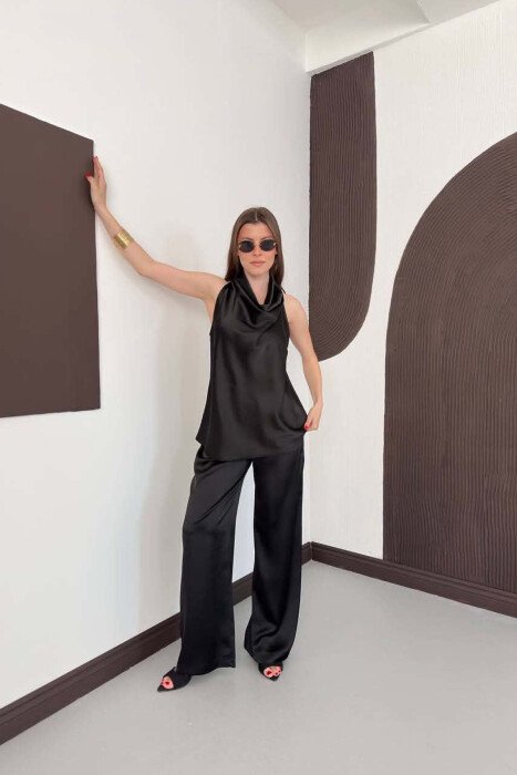 ONE COLOR SATIN TANK TOP + TROUSERS WOMAN SET BLACK/ E ZEZE - 4