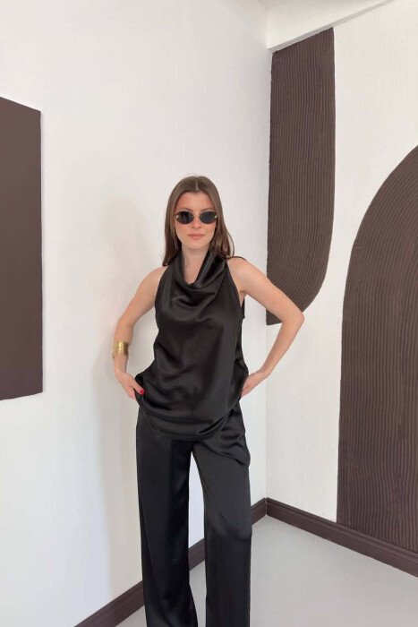 ONE COLOR SATIN TANK TOP + TROUSERS WOMAN SET BLACK/ E ZEZE - 6