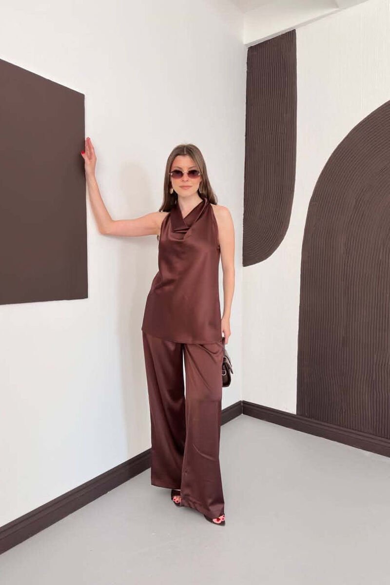 ONE COLOR SATIN TANK TOP + TROUSERS WOMAN SET BROWN/KAFE - 1