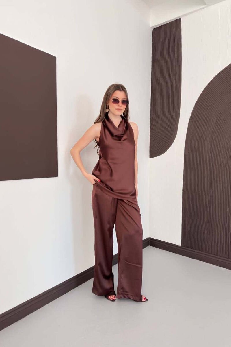 ONE COLOR SATIN TANK TOP + TROUSERS WOMAN SET BROWN/KAFE - 2