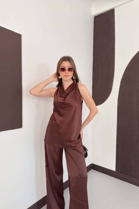 ONE COLOR SATIN TANK TOP + TROUSERS WOMAN SET BROWN/KAFE - 3