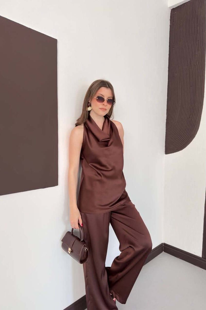 ONE COLOR SATIN TANK TOP + TROUSERS WOMAN SET BROWN/KAFE - 4