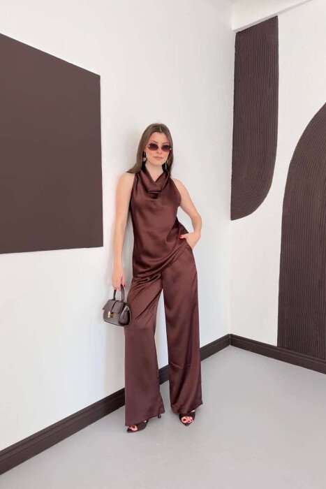 ONE COLOR SATIN TANK TOP + TROUSERS WOMAN SET BROWN/KAFE - 5