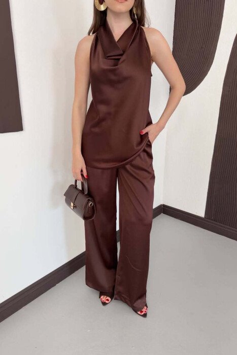 ONE COLOR SATIN TANK TOP + TROUSERS WOMAN SET BROWN/KAFE - 7