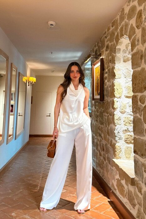 ONE COLOR SATIN TANK TOP + TROUSERS WOMAN SET WHITE-E BARDHE - 3