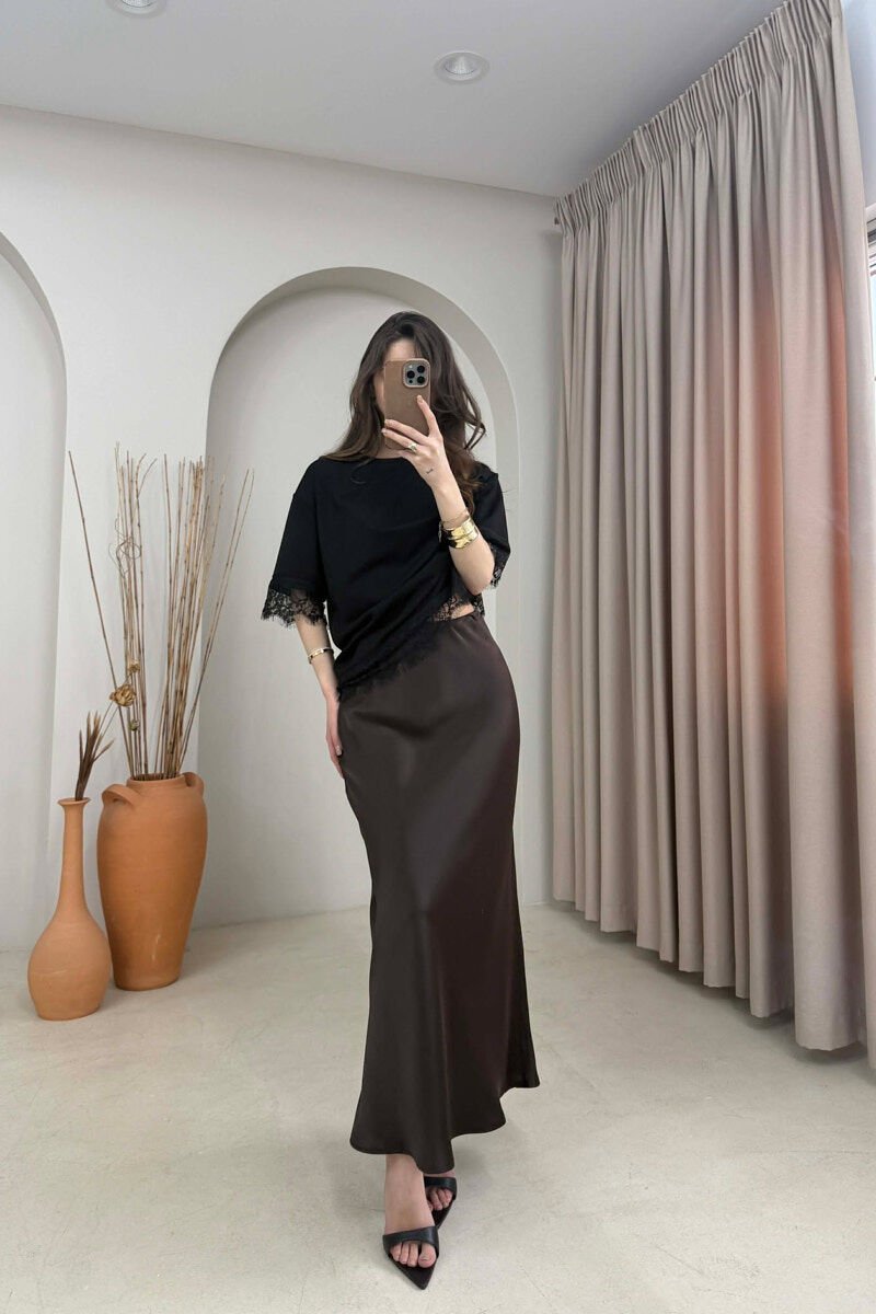 ONE COLOR SATIN WOMAN SKIRT BROWN/KAFE - 2