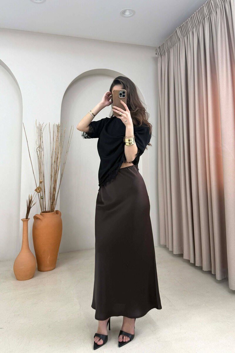 ONE COLOR SATIN WOMAN SKIRT BROWN/KAFE - 3