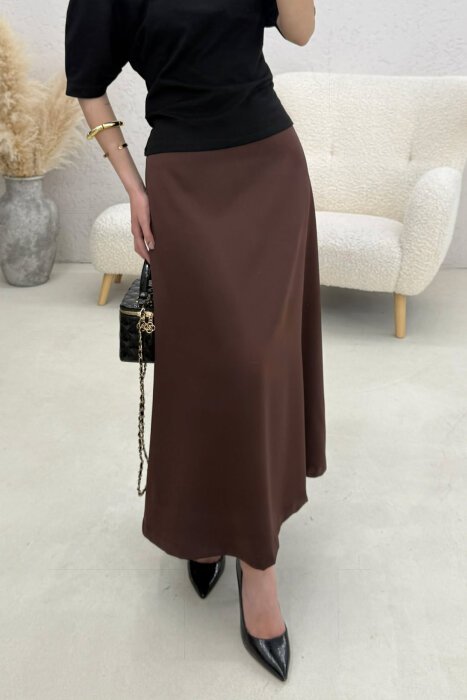 ONE COLOR SATIN WOMAN SKIRT BROWN/KAFE - 2