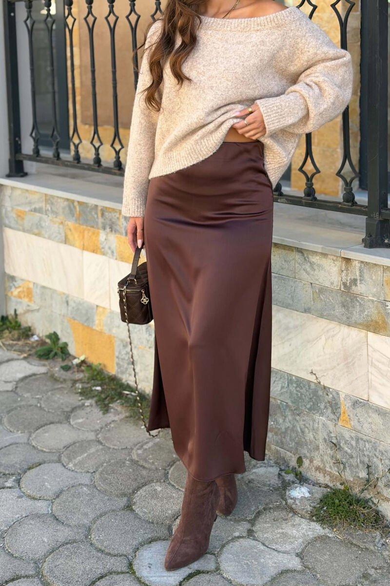 ONE COLOR SATIN WOMAN SKIRT BROWN/KAFE - 2