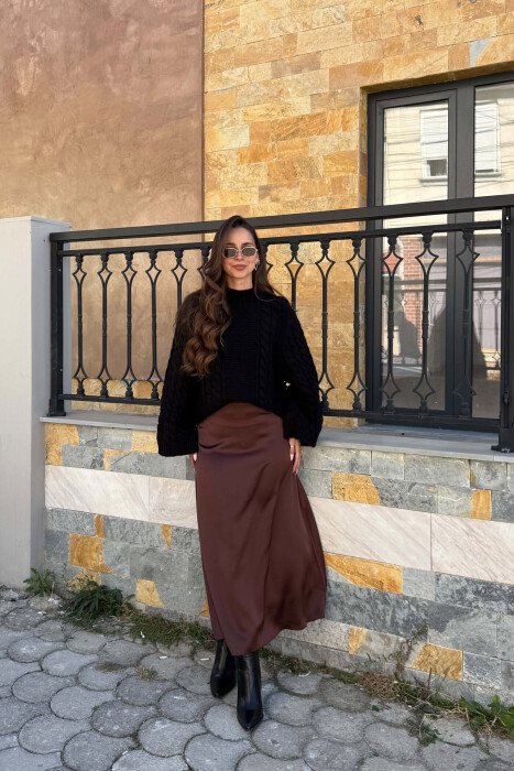 ONE COLOR SATIN WOMAN SKIRT DARK BROWN/KAE - 3