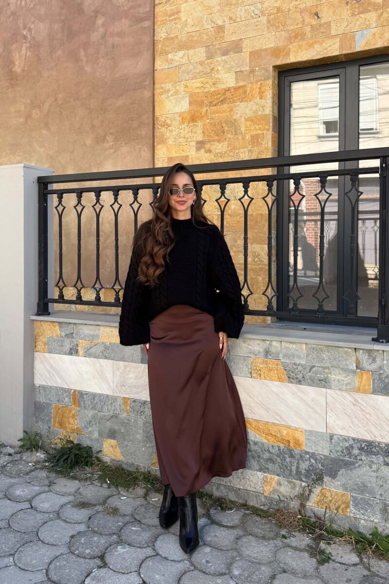 ONE COLOR SATIN WOMAN SKIRT DARK BROWN/KAE - 3