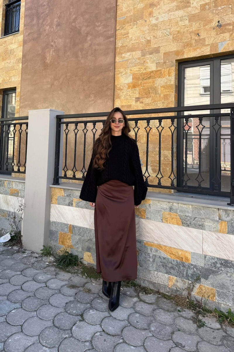 ONE COLOR SATIN WOMAN SKIRT DARK BROWN/KAE - 7