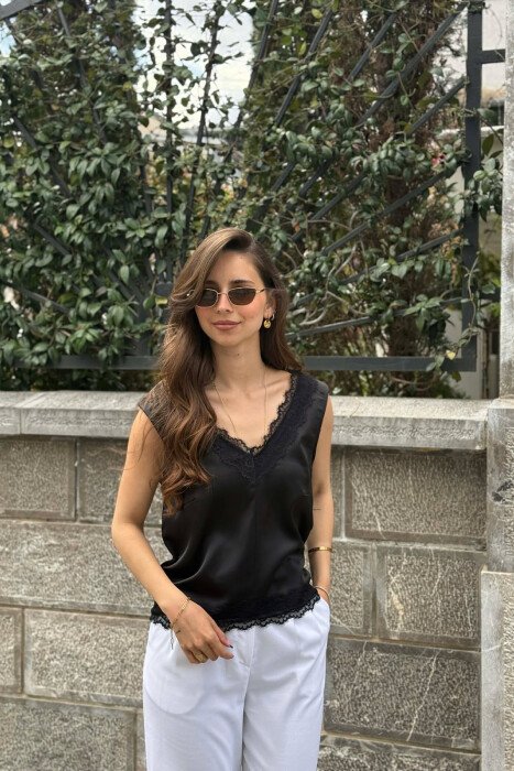 ONE COLOR SATIN WOMAN TANK TOP BLACK/ E ZEZE - 