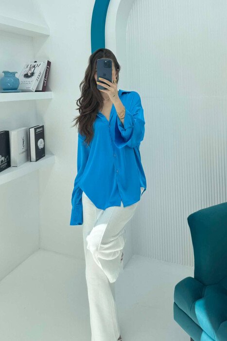 ONE COLOR SATIN WOMEN SHIRT BLUE/BLU - 1