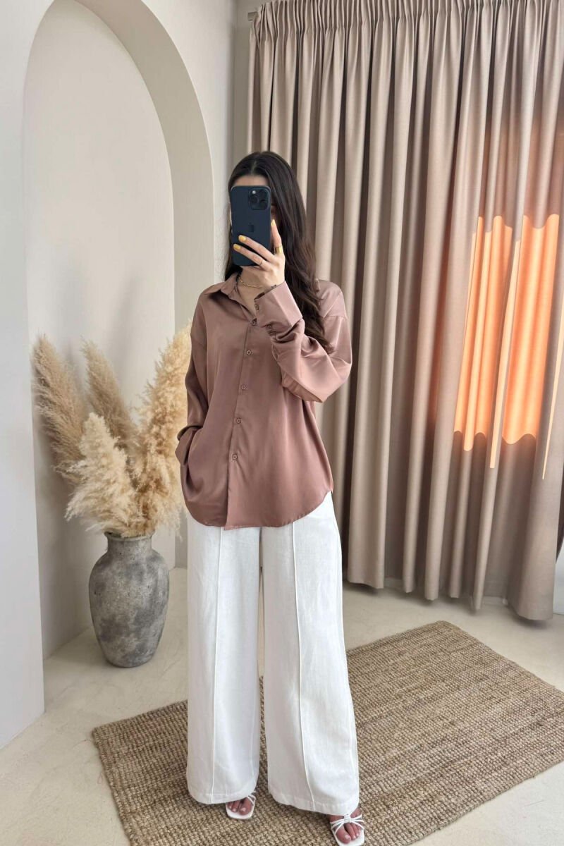 ONE COLOR SATIN WOMEN SHIRT BROWN/KAFE - 1