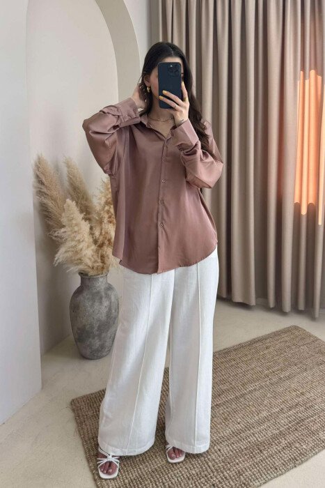 ONE COLOR SATIN WOMEN SHIRT BROWN/KAFE - 2