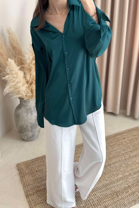 ONE COLOR SATIN WOMEN SHIRT DARK GREEN/JEE - 4