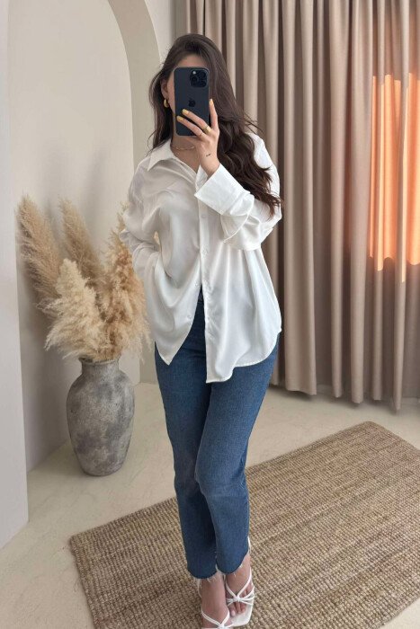 ONE COLOR SATIN WOMEN SHIRT WHITE-E BARDHE - KLAUDIO FASHION