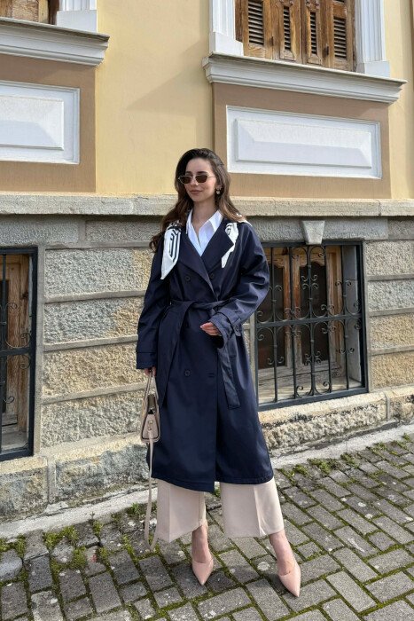 ONE COLOR SCARF AND BELT DETAIL LONG WOMEN TRENCH COAT BLUE/BLU 