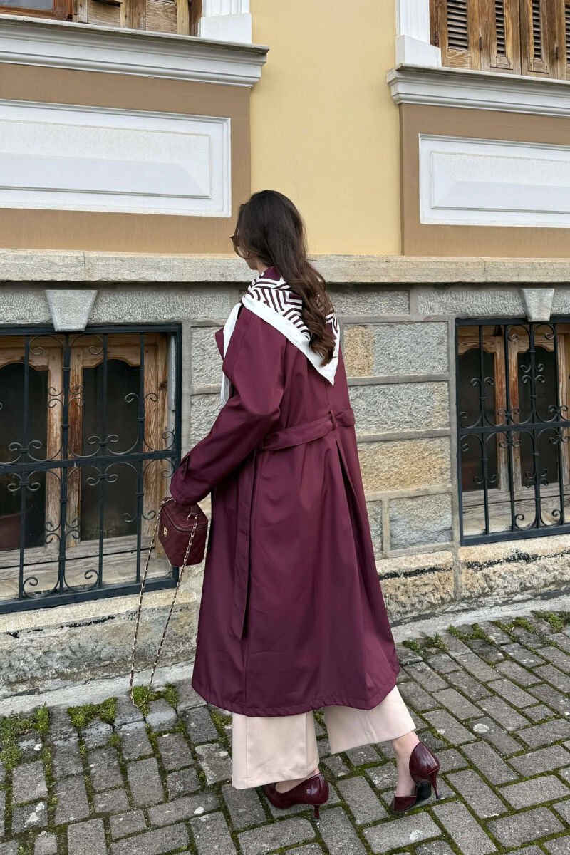 ONE COLOR SCARF AND BELT DETAIL LONG WOMEN TRENCH COAT BURGUNDY/VISHNJE - 6
