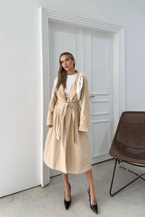 ONE COLOR SCARF AND BELT DETAIL LONG WOMEN TRENCH COAT CREAM/KREM - 7