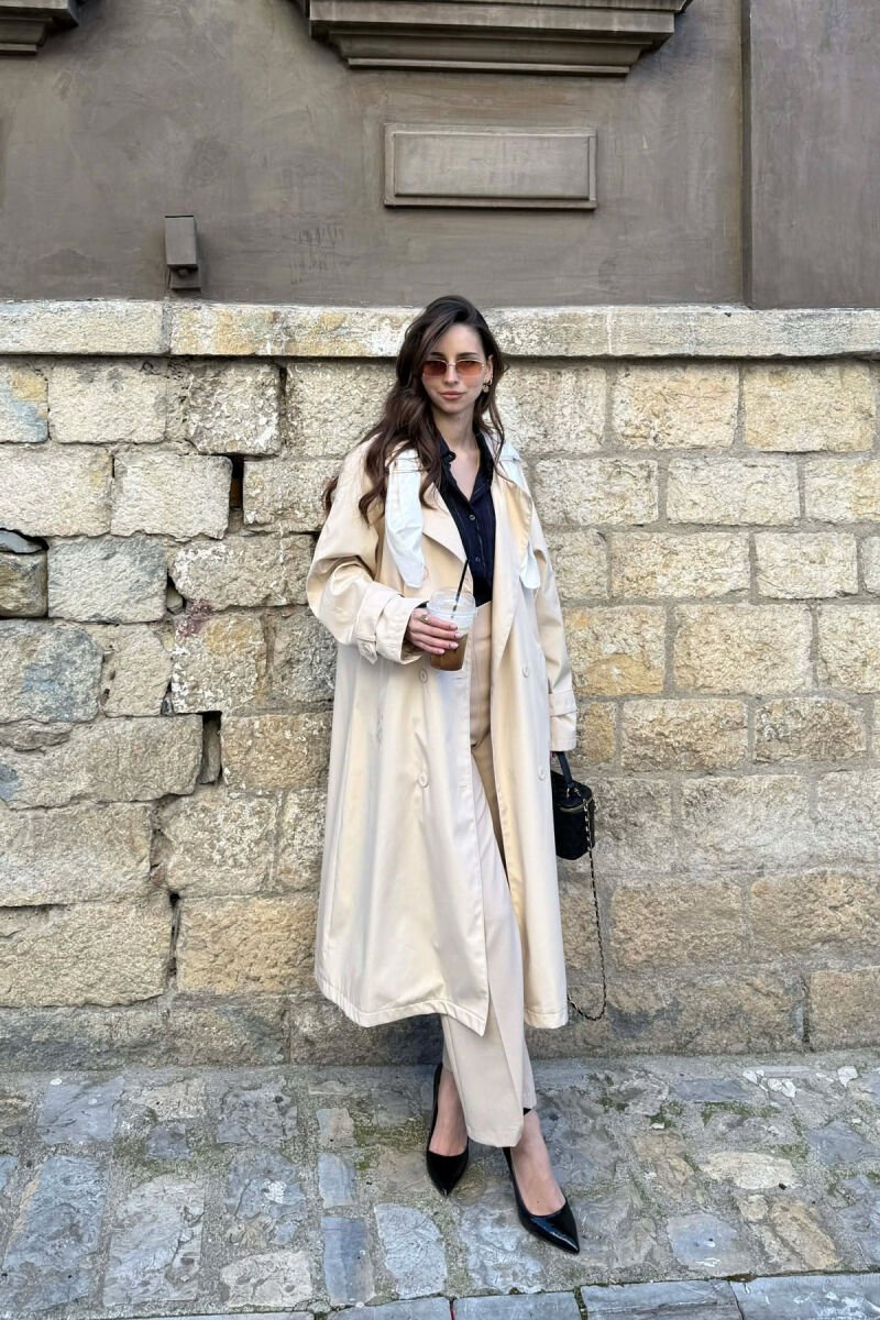 ONE COLOR SCARF AND BELT DETAIL LONG WOMEN TRENCH COAT CREAM/KREM - 2