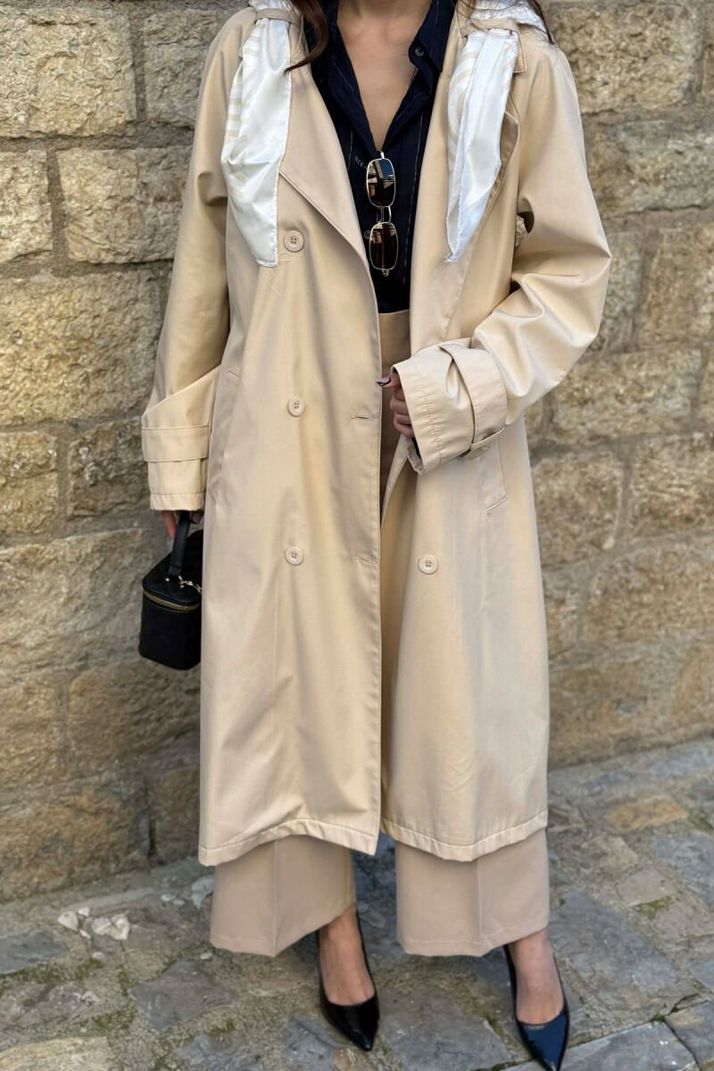 ONE COLOR SCARF AND BELT DETAIL LONG WOMEN TRENCH COAT CREAM/KREM - 3