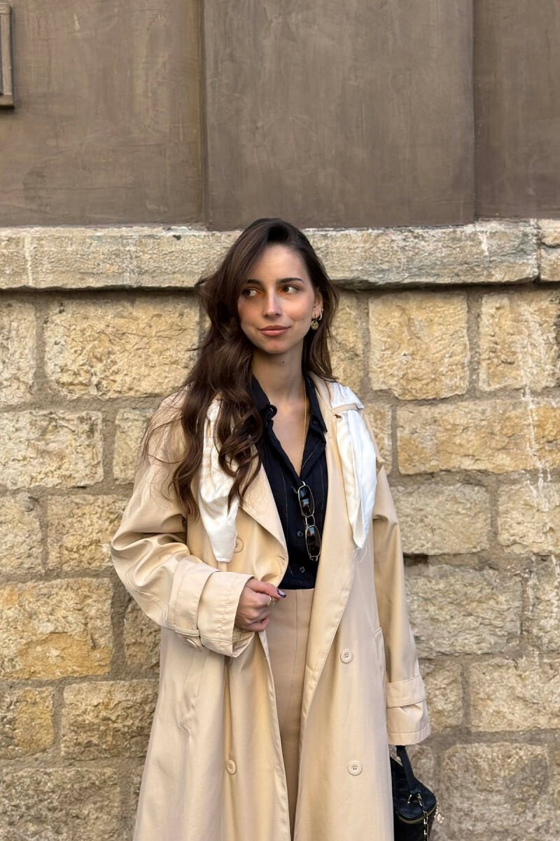 ONE COLOR SCARF AND BELT DETAIL LONG WOMEN TRENCH COAT CREAM/KREM - 4