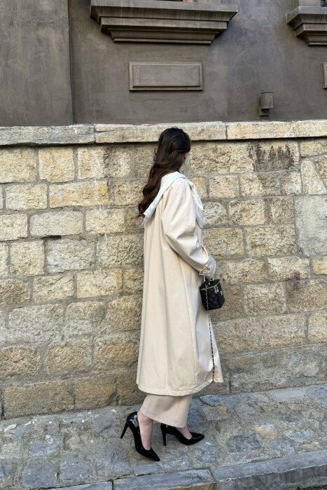 ONE COLOR SCARF AND BELT DETAIL LONG WOMEN TRENCH COAT CREAM/KREM - 5