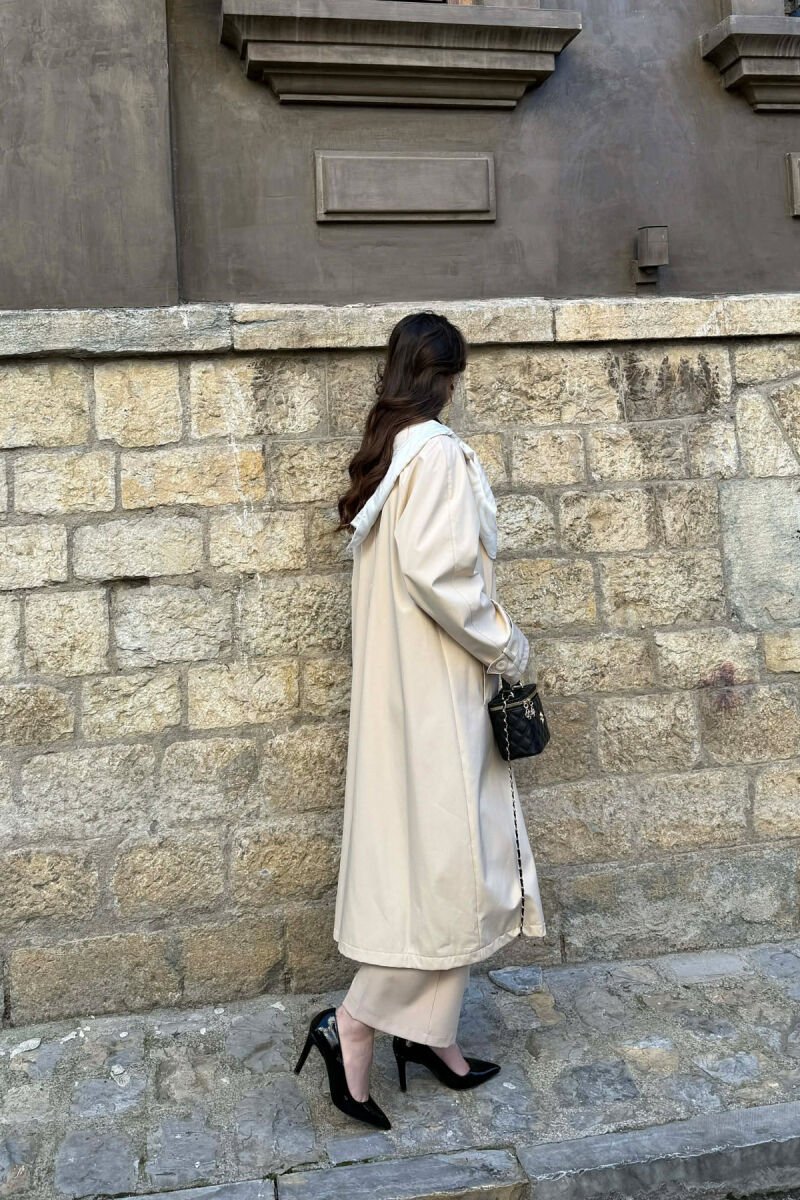 ONE COLOR SCARF AND BELT DETAIL LONG WOMEN TRENCH COAT CREAM/KREM - 5