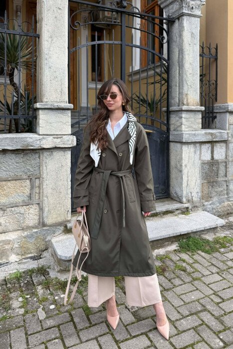 ONE COLOR SCARF AND BELT DETAIL LONG WOMEN TRENCH COAT GREEN/JESHILE 