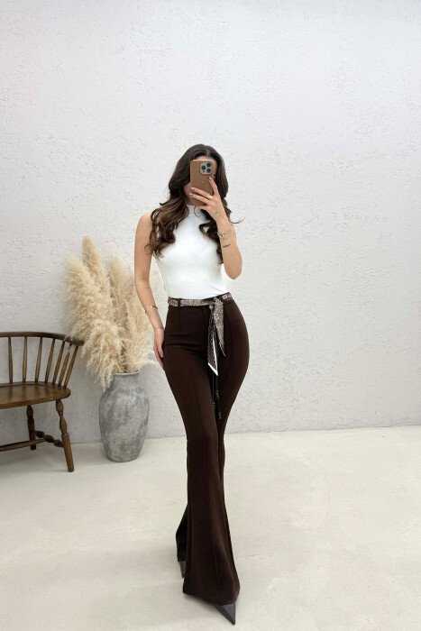 ONE COLOR SCARF BELT DETAIL WOMAN TROUSERS BROWN/KAFE - 1