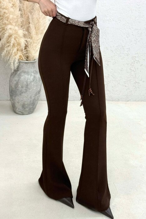 ONE COLOR SCARF BELT DETAIL WOMAN TROUSERS BROWN/KAFE - 3